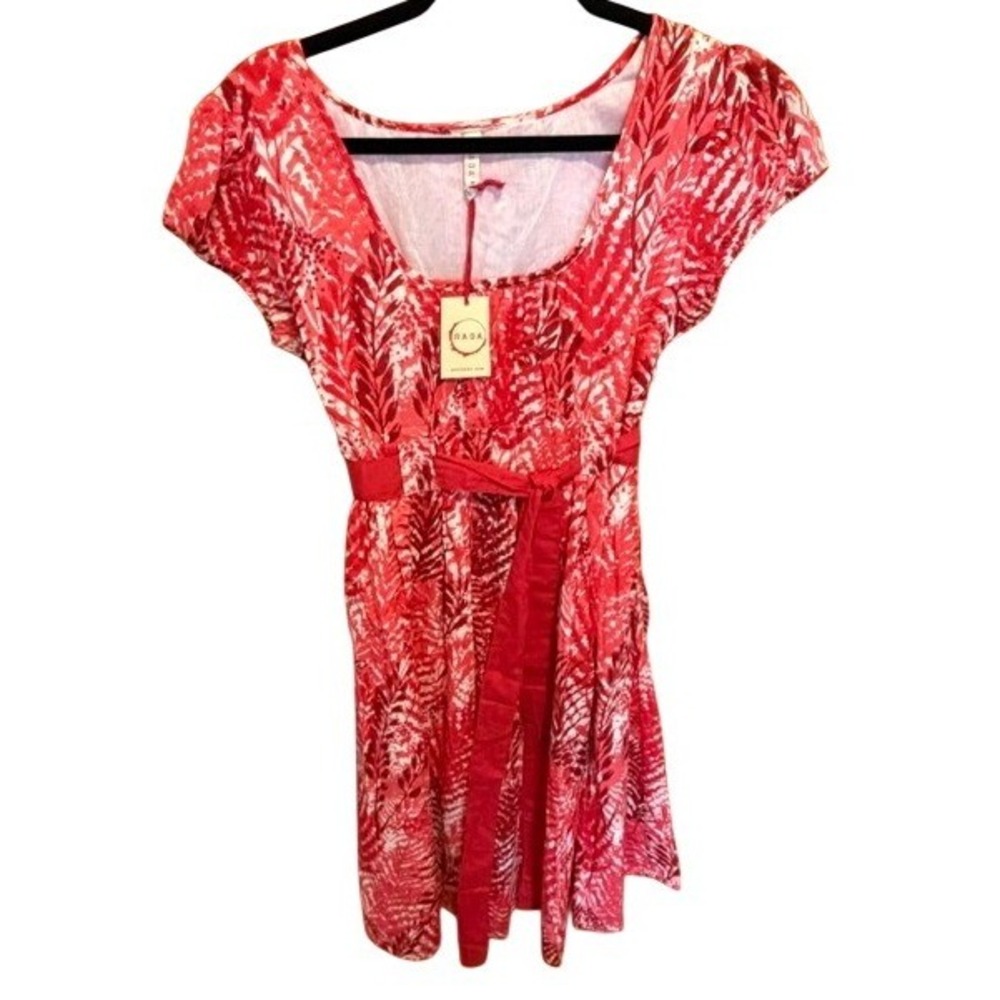 Anthro RAGA Womens Red White Botanical Fern Print Cotton Mini Dress Belted NEW M